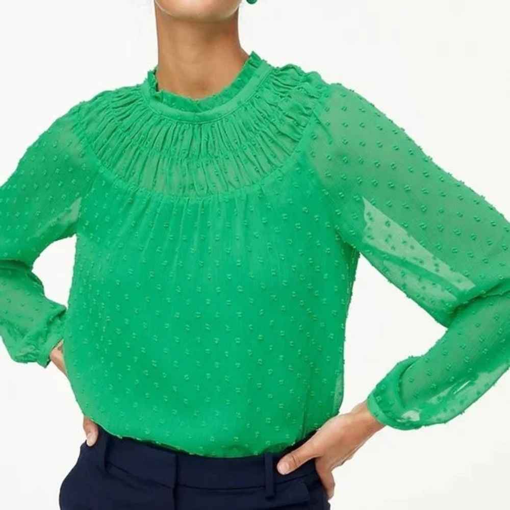 J Crew Clip Dot Smocked‎ Top Size S Green